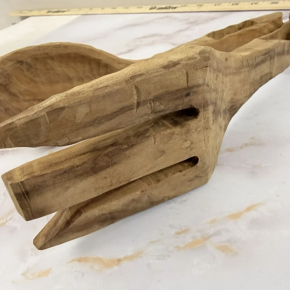 Vintage Olive Wood Salad Tongs Carved Handmade Folk Art Rustic Kitchen Utensils